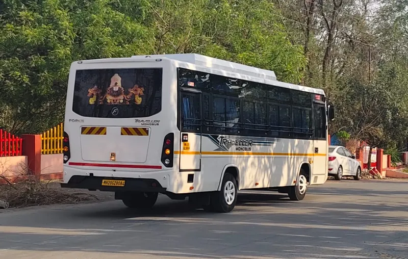 35 seater Force Traveller Monobus, rear three-quarter view, Shri Vyankatesh Tours and Travels
