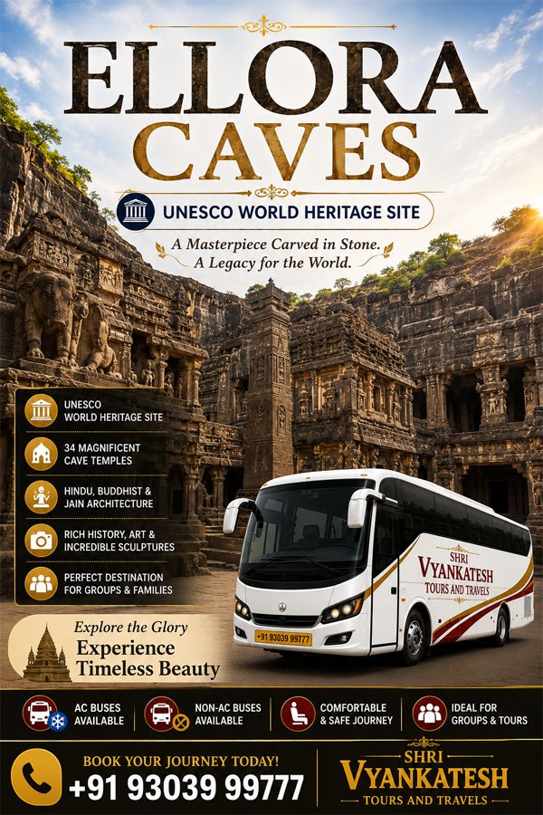 Ellora Caves UNESCO World Heritage Site tour poster with itinerary highlights — Shri Vyankatesh Tours and Travels bus package from Aurangabad